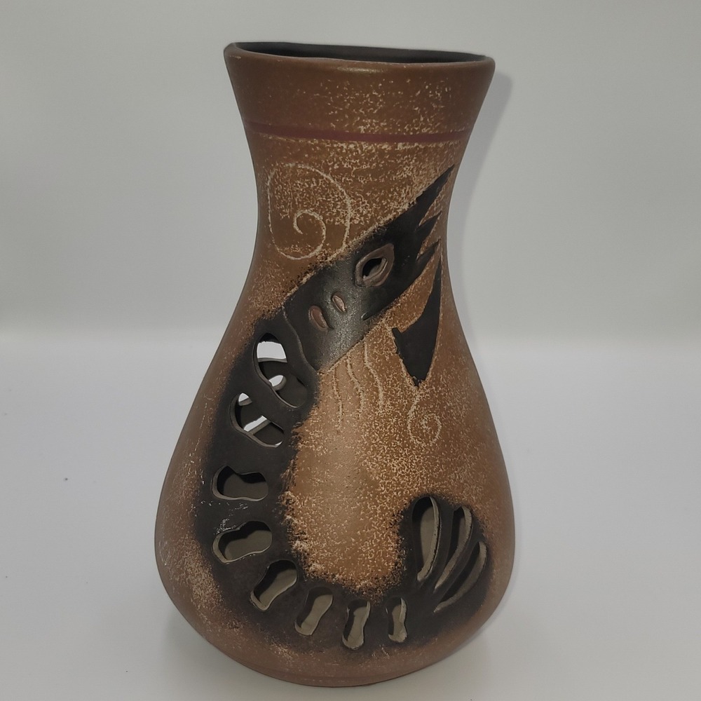 Southwestern Cut Out Terracotta Vase Hand Painted Tribal‎ Brown Ceramic 7.5 Inch
